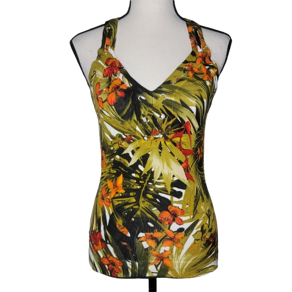 CACHE floral tropical laced tank top